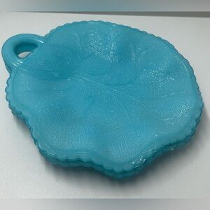 Vintage Blue Opaline Glass Leaf Dish - Set of 2